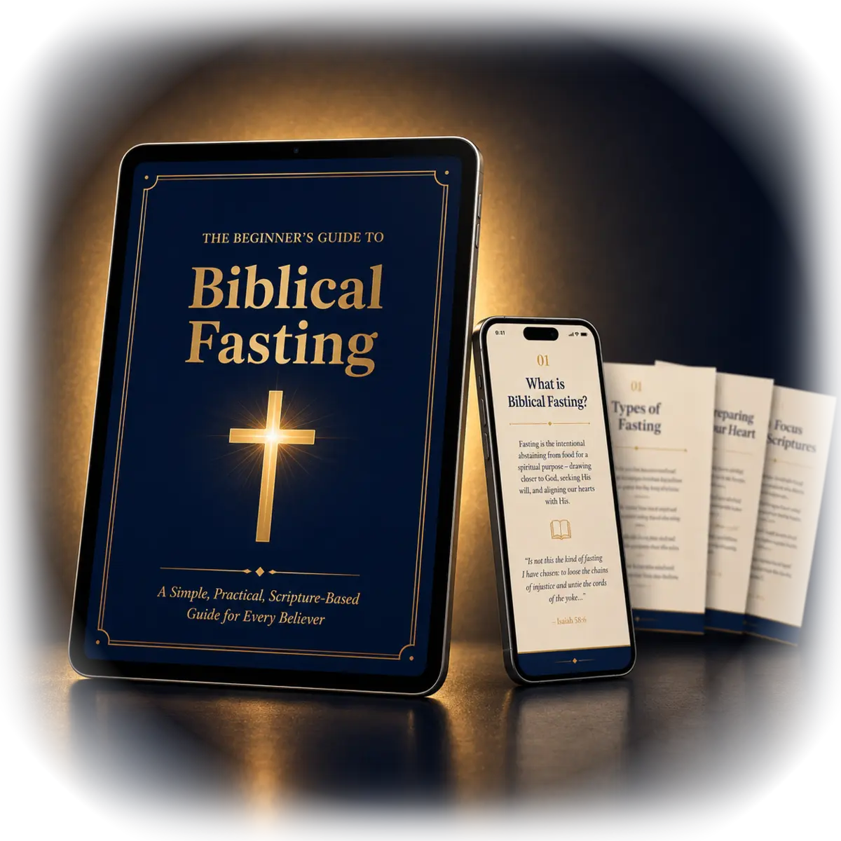 The Beginner's Guide to Biblical Fasting shown on a tablet and phone